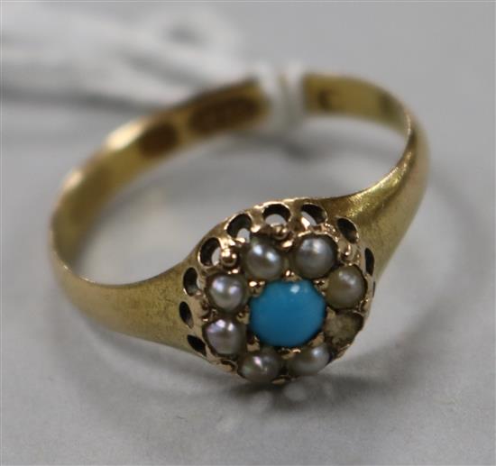 A Victorian 15ct gold, turquoise and seed pearl ring (one stone missing), size N.